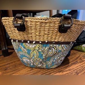 Vera Bradley raffia straw rattan beach basket tote bag purse blue summer prep
